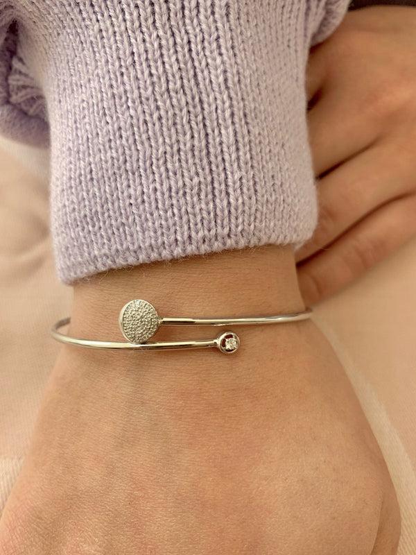 LuvMyJewelry Moon-Crossed Lovers Adjustable Diamond Bangle In Sterling Silver