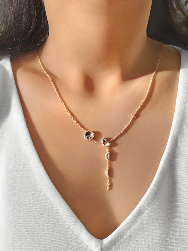 LuvMyJewelry Moon Stages Diamond Y Necklace In 14K Yellow Gold