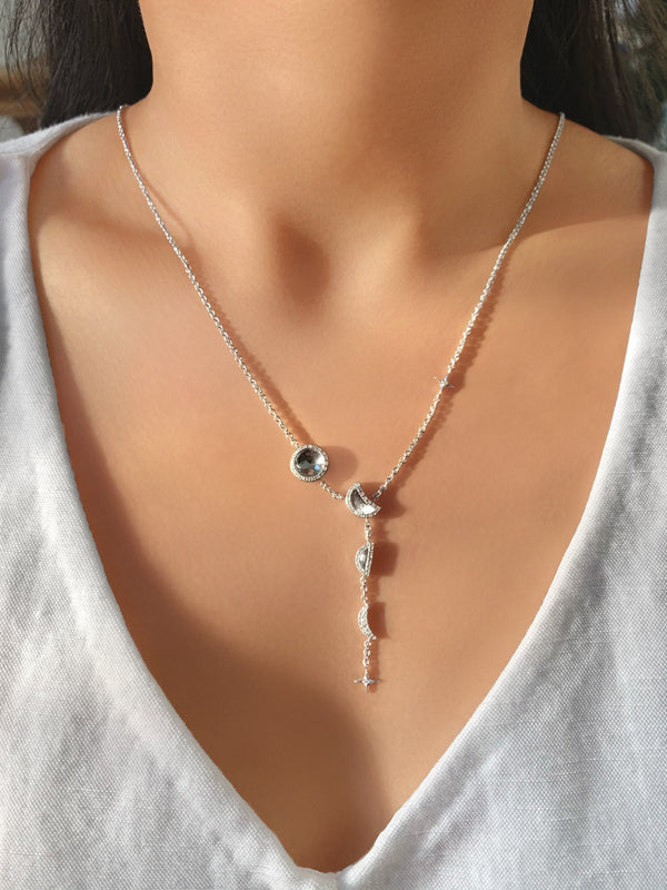 LuvMyJewelry Moon Stages Diamond Y Necklace In Sterling Silver