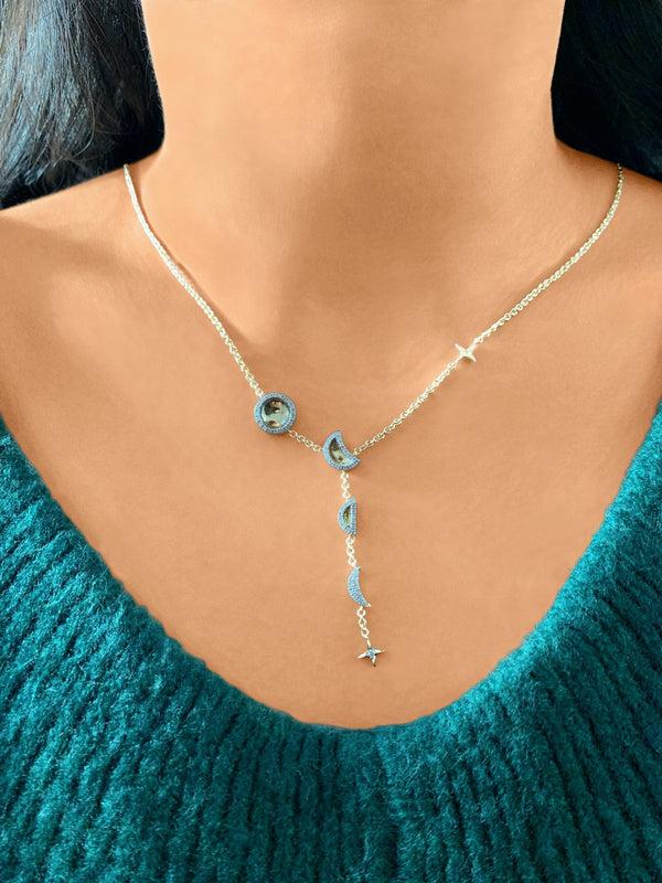 LuvMyJewelry Moon Stages Diamond Y Necklace In Sterling Silver