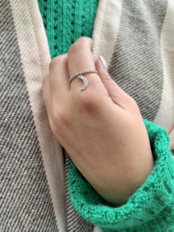 LuvMyJewelry Moonlit Diamond Charm Ring In 14K White Gold