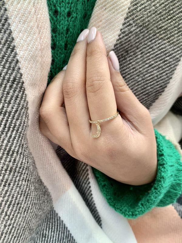 LuvMyJewelry Moonlit Diamond Charm Ring In 14K Yellow Gold Vermeil On Sterling Silver