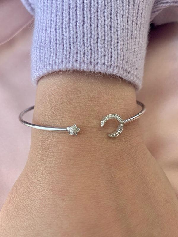 LuvMyJewelry Moonlit Star Adjustable Diamond Cuff In 14K White Gold