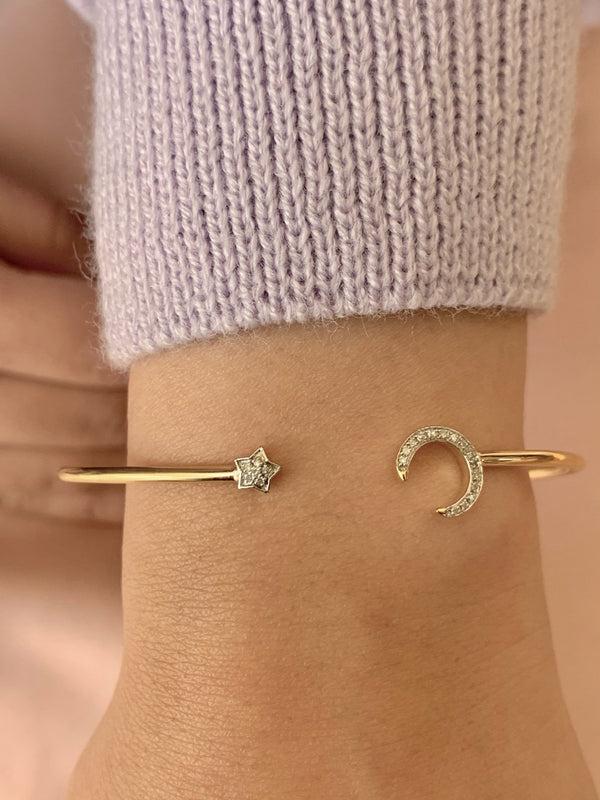 LuvMyJewelry Moonlit Star Adjustable Diamond Cuff In 14K Yellow Gold Vermeil On Sterling Silver