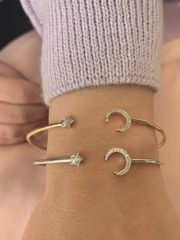 LuvMyJewelry Moonlit Star Adjustable Diamond Cuff In 14K Yellow Gold Vermeil On Sterling Silver