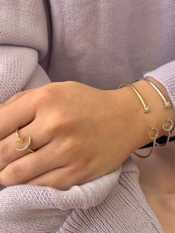 LuvMyJewelry Moonlit Star Adjustable Diamond Cuff In 14K Yellow Gold