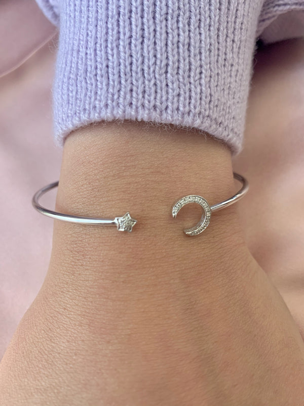 LuvMyJewelry Moonlit Star Adjustable Diamond Cuff In Sterling Silver
