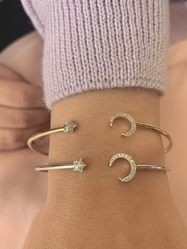 LuvMyJewelry Moonlit Star Adjustable Diamond Cuff In Sterling Silver