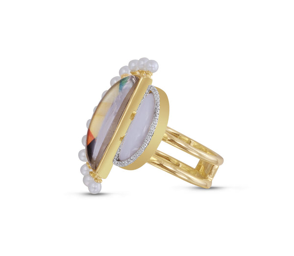 LuvMyJewelry My Colorful Legacy Pearl & Moonstone Diamond Open Ring In 14K Yellow Gold Plated Sterling Silver