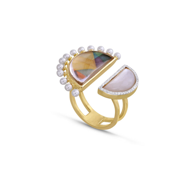 LuvMyJewelry My Colorful Legacy Pearl & Moonstone Diamond Open Ring In 14K Yellow Gold Plated Sterling Silver