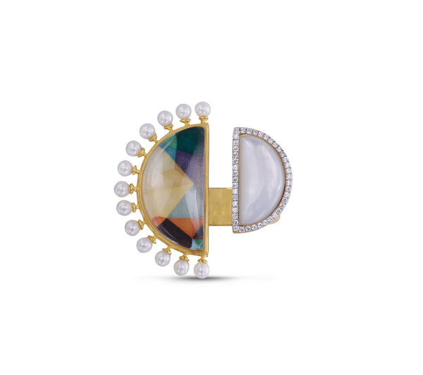 LuvMyJewelry My Colorful Legacy Pearl & Moonstone Diamond Open Ring in 14K Yellow Gold Plated Sterling Silver
