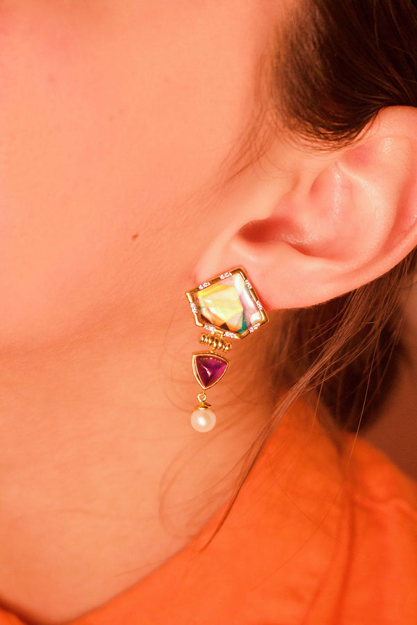 LuvMyJewelry Mysterious Mayhem Amethyst & Pearl Diamond Drop Earrings In 14K Yellow Gold Plated Sterling Silver