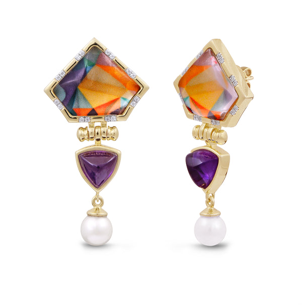 LuvMyJewelry Mysterious Mayhem Amethyst & Pearl Diamond Drop Earrings In 14K Yellow Gold Plated Sterling Silver
