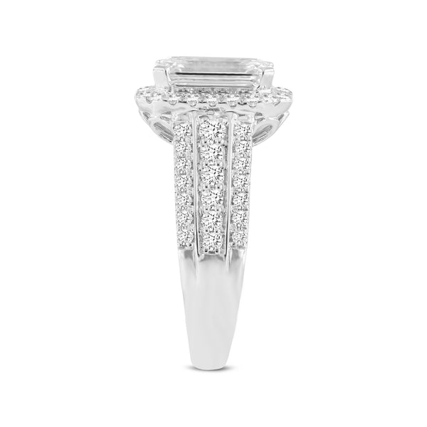 LuvMyJewelry Nare 14K White Gold Emerald Cut Lab Grown Diamond Halo Engagement Ring - 4 Ct