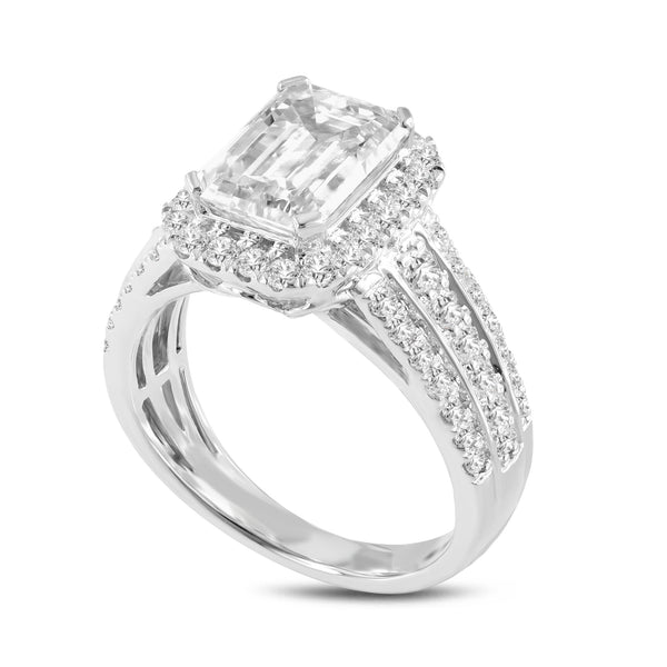 LuvMyJewelry Nare 14K White Gold Emerald Cut Lab Grown Diamond Halo Engagement Ring - 4 Ct