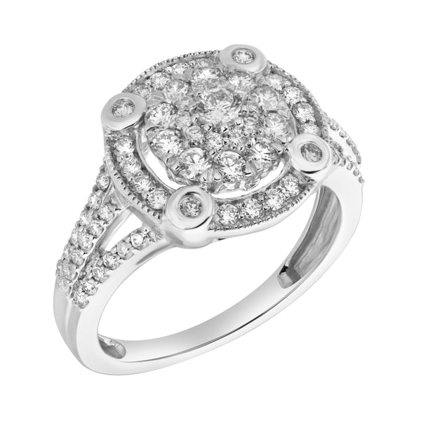 LuvMyJewelry Nebula 14K White Gold Round Diamond Studded Halo Cluster Ring - 1cts
