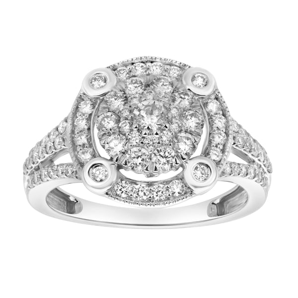 LuvMyJewelry Nebula 14K White Gold Round Diamond Studded Halo Cluster Ring - 1cts