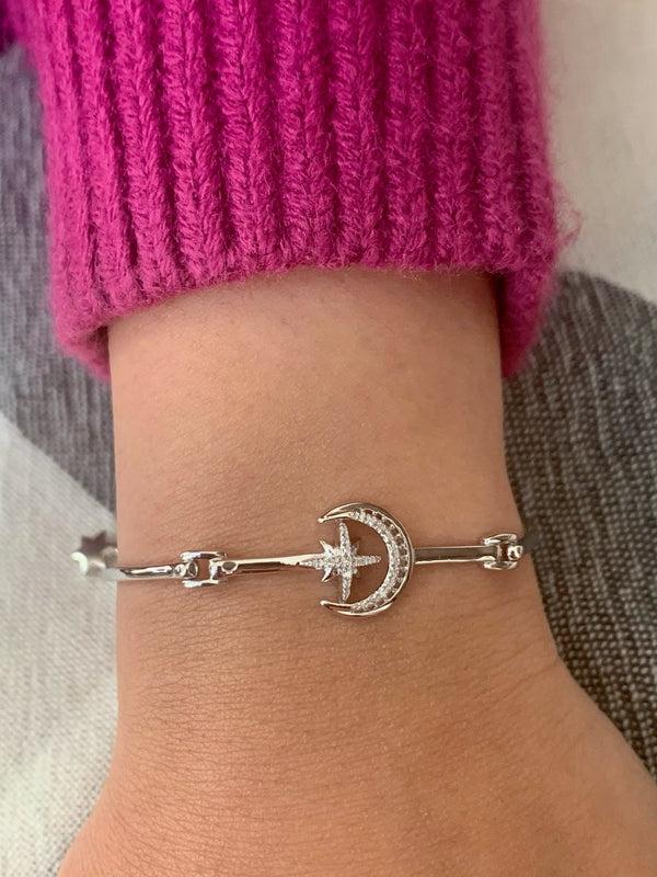 LuvMyJewelry Nighttime Lovers Crescent Diamond Bangle In 14K White Gold