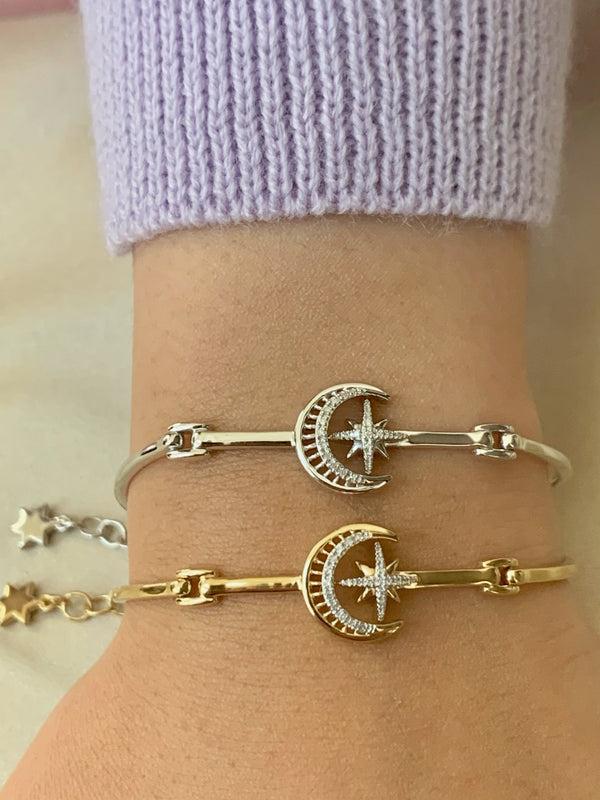 LuvMyJewelry Nighttime Lovers Crescent Diamond Bangle In 14K White Gold