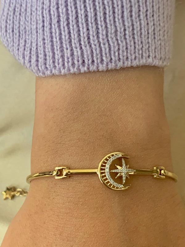 LuvMyJewelry Nighttime Lovers Crescent Diamond Bangle In 14K Yellow Gold