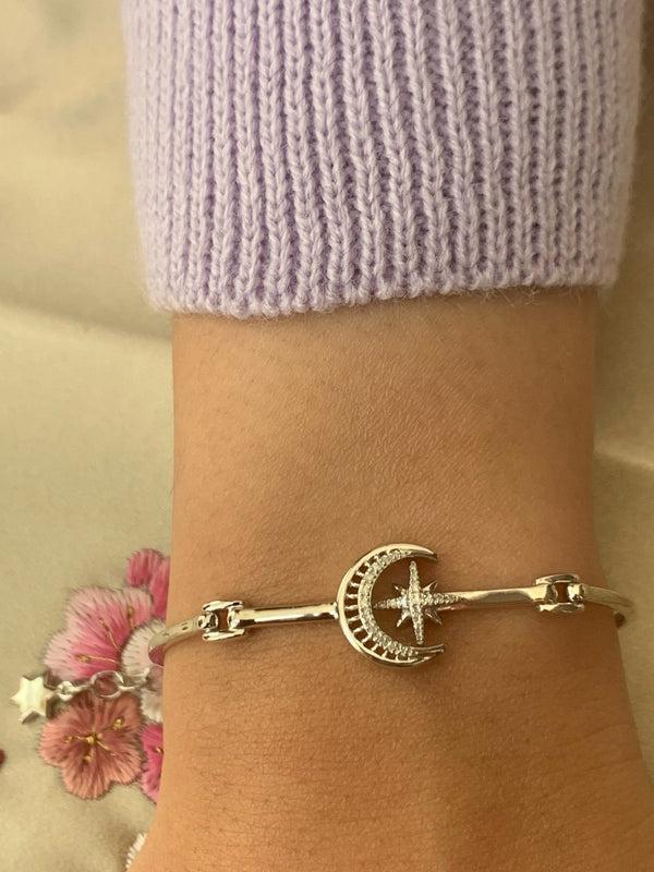 LuvMyJewelry Nighttime Lovers Crescent Diamond Bangle In Sterling Silver