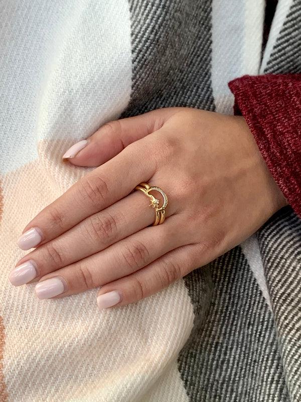 LuvMyJewelry Nighttime Moon Star Lovers Detachable Diamond Ring In 14K Yellow Gold Vermeil On Sterling Silver