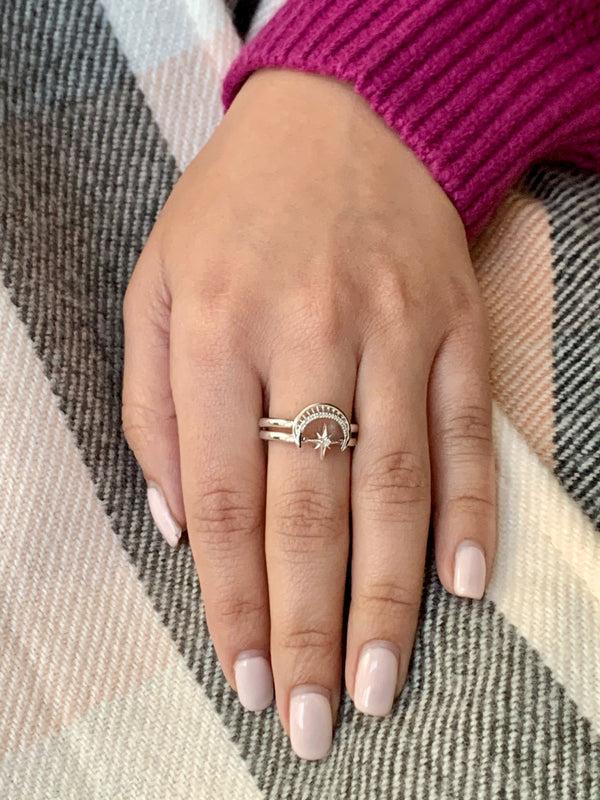 LuvMyJewelry Nighttime Moon Star Lovers Detachable Diamond Ring In Sterling Silver