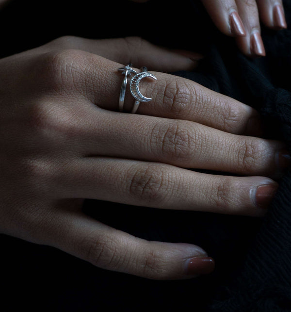 LuvMyJewelry Nighttime Moon Star Lovers Detachable Diamond Ring In Sterling Silver