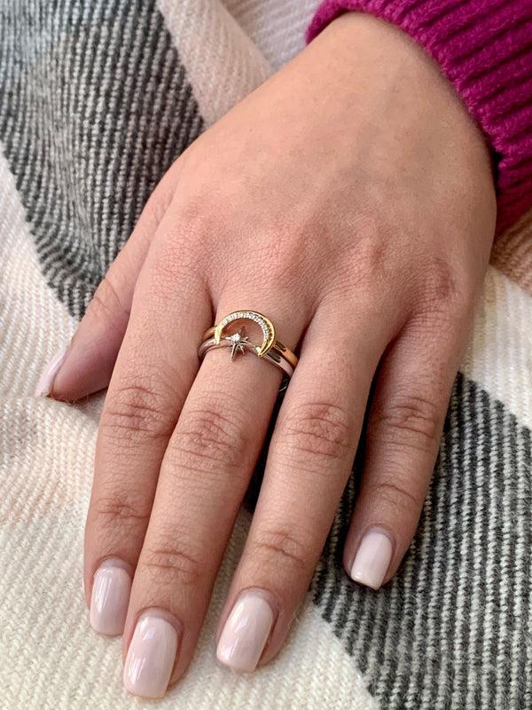 LuvMyJewelry Nighttime Moon Star Lovers Two-Tone Detachable Diamond Ring In 14K Yellow Gold Vermeil On Sterling Silver