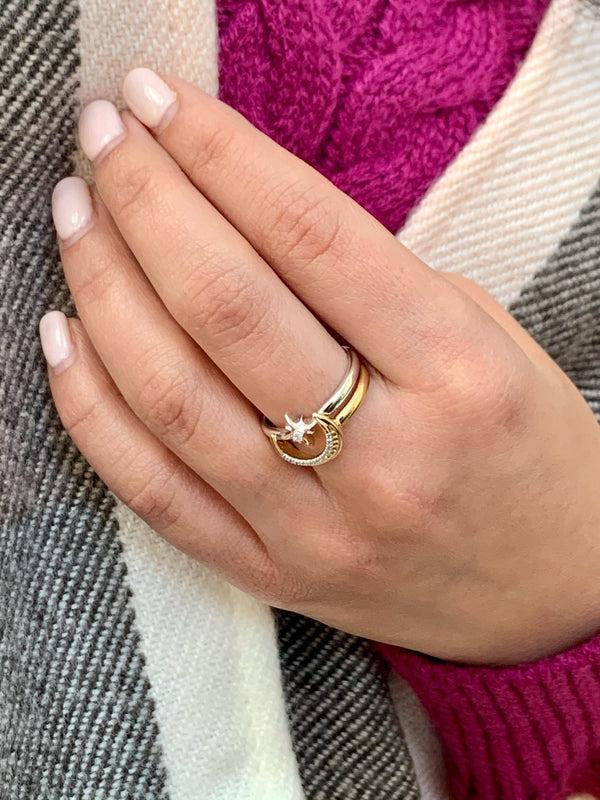 LuvMyJewelry Nighttime Moon Star Lovers Two-Tone Detachable Diamond Ring In 14K Gold