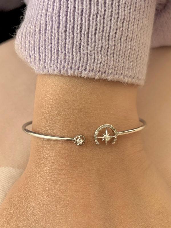 LuvMyJewelry North Star Crescent Adjustable Diamond Cuff In 14K White Gold
