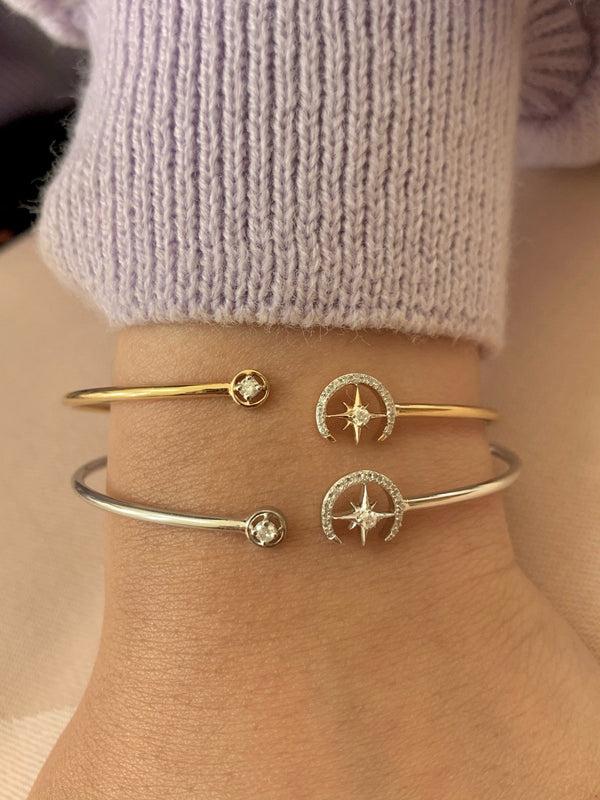 LuvMyJewelry North Star Crescent Adjustable Diamond Cuff In 14K White Gold