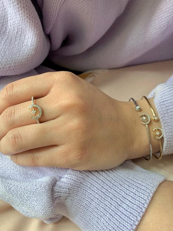 LuvMyJewelry North Star Crescent Adjustable Diamond Cuff In 14K White Gold