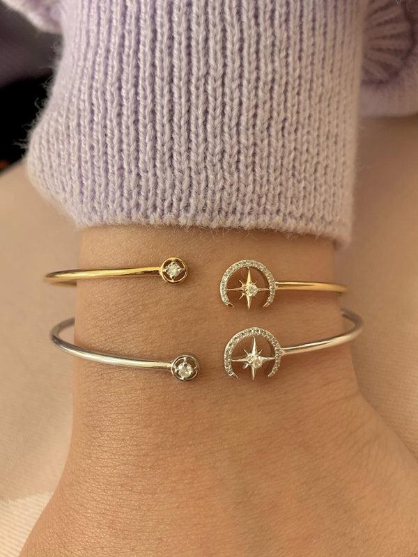 LuvMyJewelry North Star Crescent Adjustable Diamond Cuff In 14K Yellow Gold Vermeil On Sterling Silver