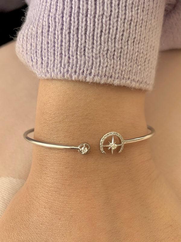 LuvMyJewelry North Star Crescent Adjustable Diamond Cuff In Sterling Silver