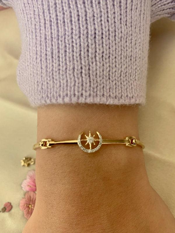 LuvMyJewelry North Star Crescent Diamond Bangle In 14K Yellow Gold