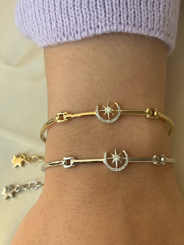 LuvMyJewelry North Star Crescent Diamond Bangle In 14K Yellow Gold