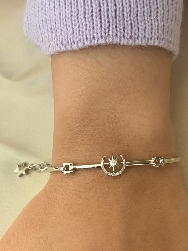 LuvMyJewelry North Star Crescent Diamond Bangle In Sterling Silver