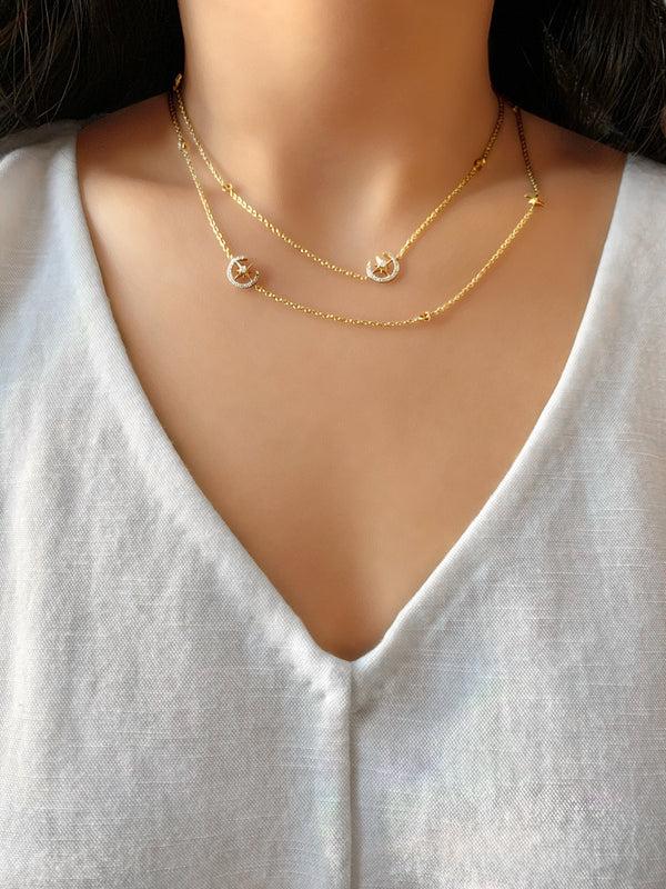 LuvMyJewelry North Star Crescent Layered Diamond Necklace In 14K Yellow Gold