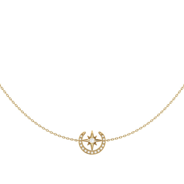 LuvMyJewelry North Star Crescent Layered Diamond Necklace In 14K Yellow Gold