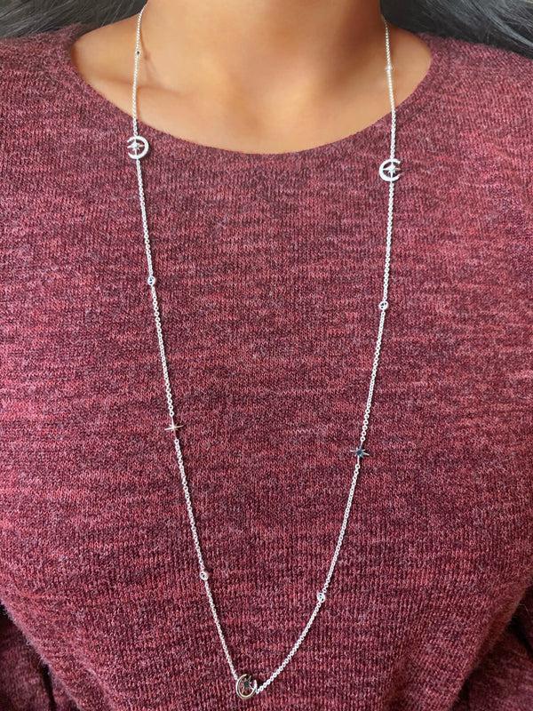 LuvMyJewelry North Star Crescent Layered Diamond Necklace In 14K White Gold