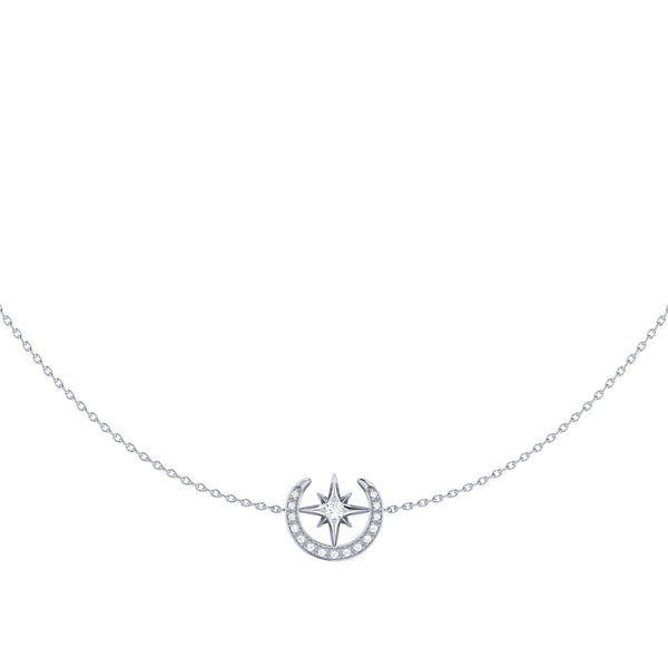LuvMyJewelry North Star Crescent Layered Diamond Necklace In 14K White Gold
