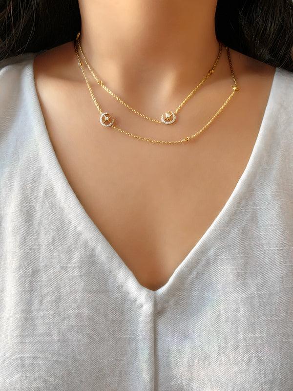 LuvMyJewelry North Star Crescent Layered Diamond Necklace In 14K Yellow Gold Vermeil On Sterling Silver
