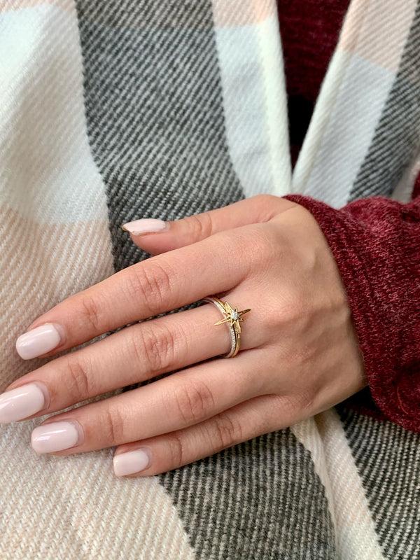 LuvMyJewelry North Star Detachable Two-Tone Diamond Ring In 14K Yellow Gold Vermeil On Sterling Silver