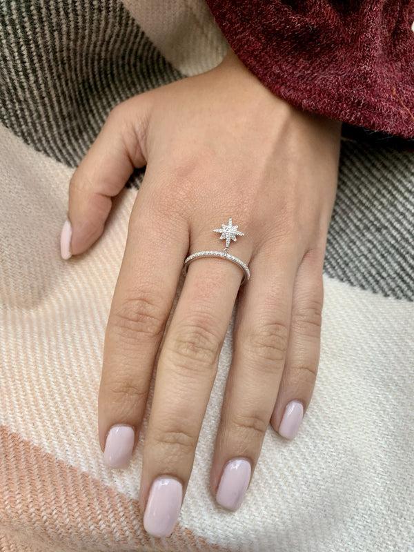 LuvMyJewelry North Star Diamond Charm Ring In 14K White Gold