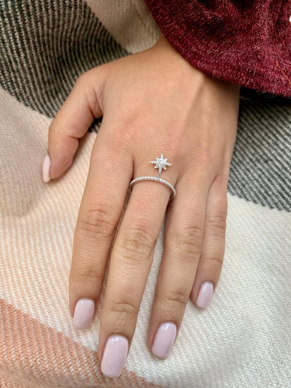 LuvMyJewelry North Star Diamond Charm Ring In Sterling Silver