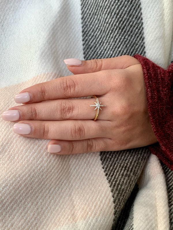 LuvMyJewelry North Star Diamond Ring In 14K Yellow Gold