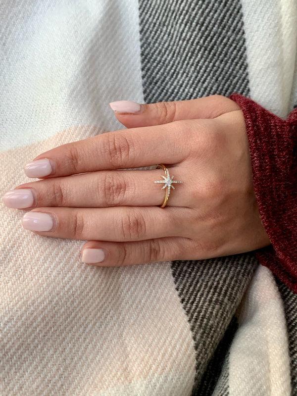 LuvMyJewelry North Star Diamond Ring In 14K Yellow Gold Vermeil On Sterling Silver