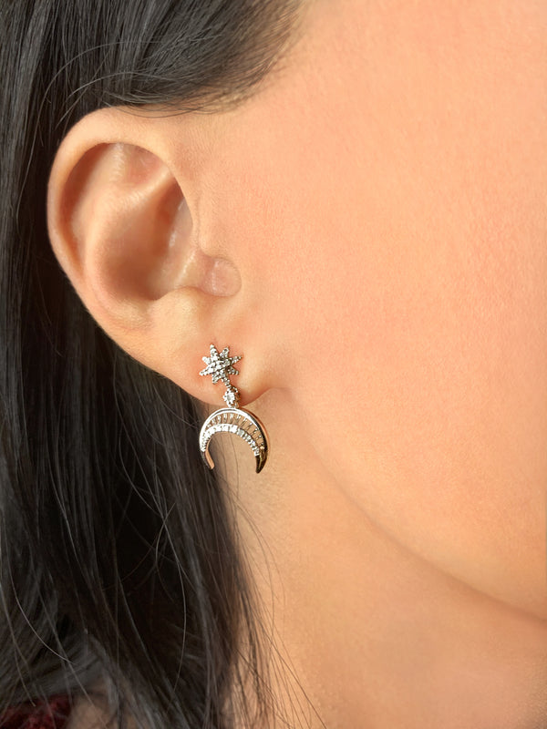LuvMyJewelry North Star Moon Crescent Diamond Earrings In Sterling Silver