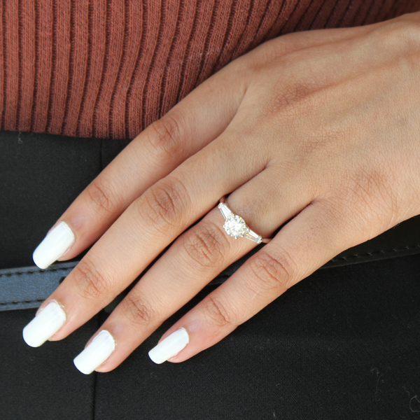 LuvMyJewelry Nova 14K White Gold Tapered Baguette & Round Cut Lab Grown Diamond Three Stone Ring - 1.48 Ct